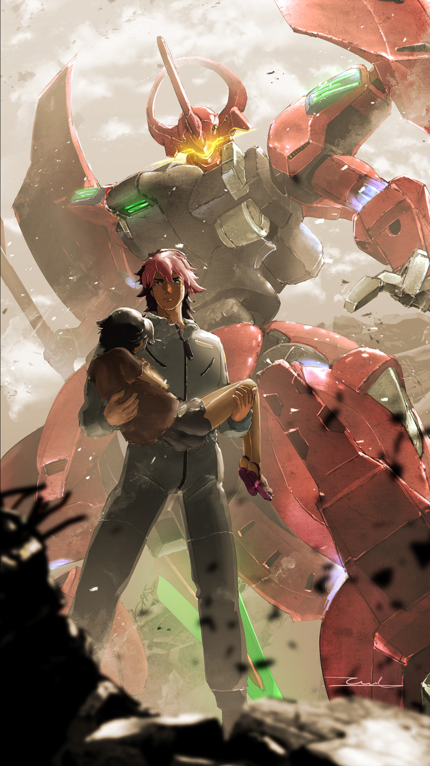 1boy, 1girl, assault_visor, beam_lance, brown_hair, carrying, darilbalde, employee_uniform