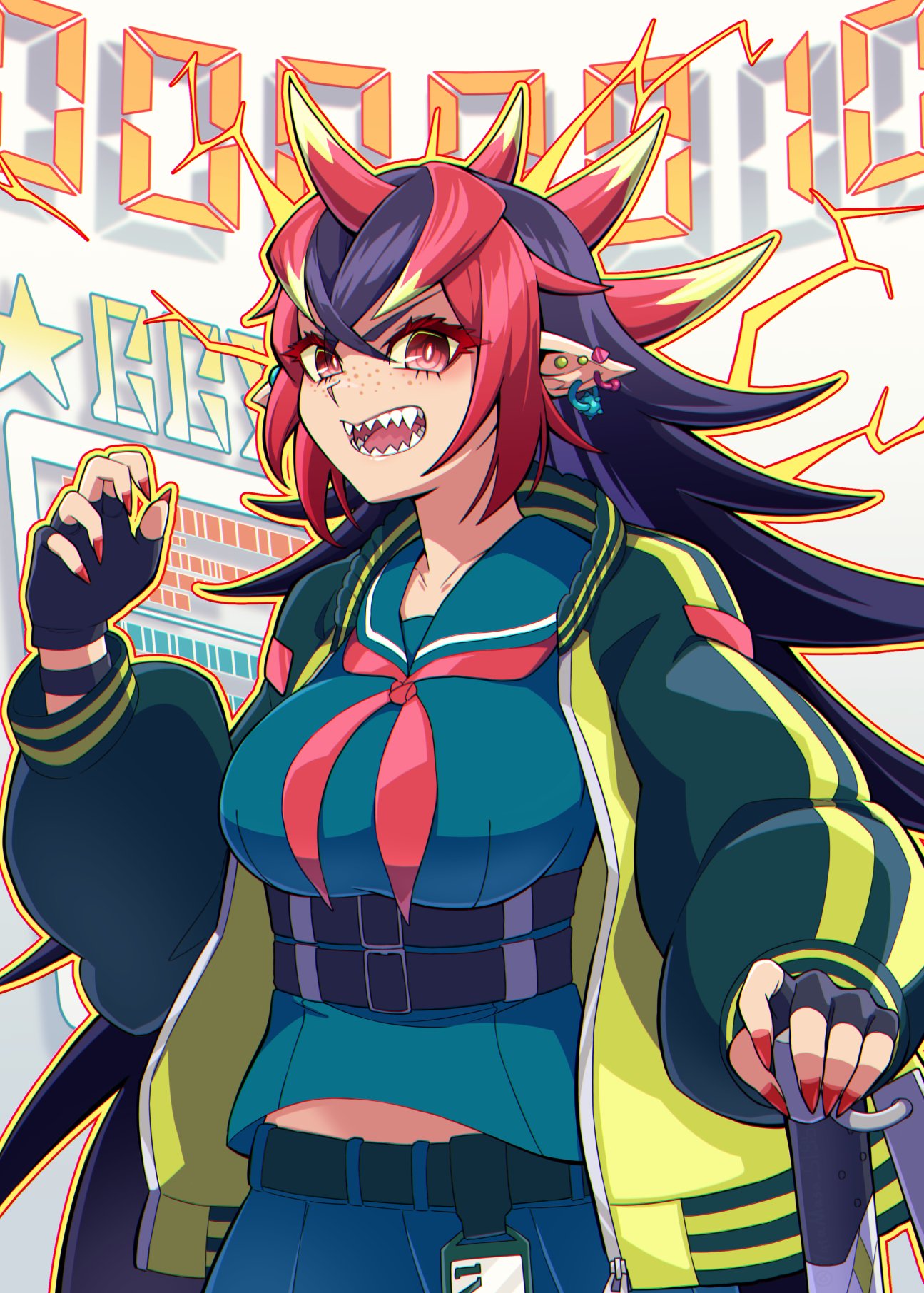 1girl, black_hair, black_skirt, breasts, colored_sclera, delinquent, duel_monster, ear_piercing