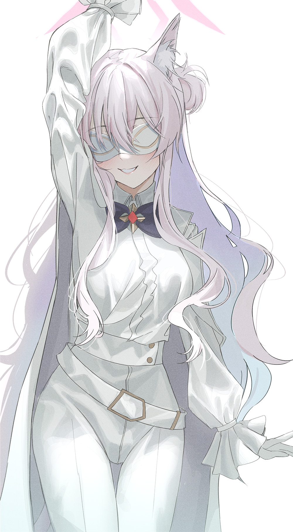 1girl, akira_(blue_archive), animal_ear_fluff, animal_ears, arm_up, belt, black_bow, black_bowtie