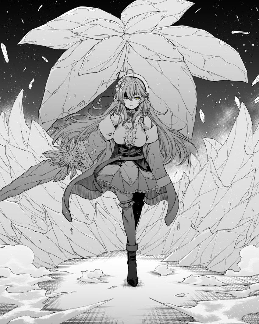 1girl, ahoge, bare_shoulders, beret, biten, boots, breasts, center_frills