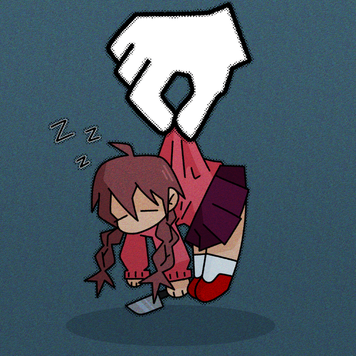 1girl, blue_background, braid, brown_hair, closed_eyes, cryptidhermit, cursor, english_commentary
