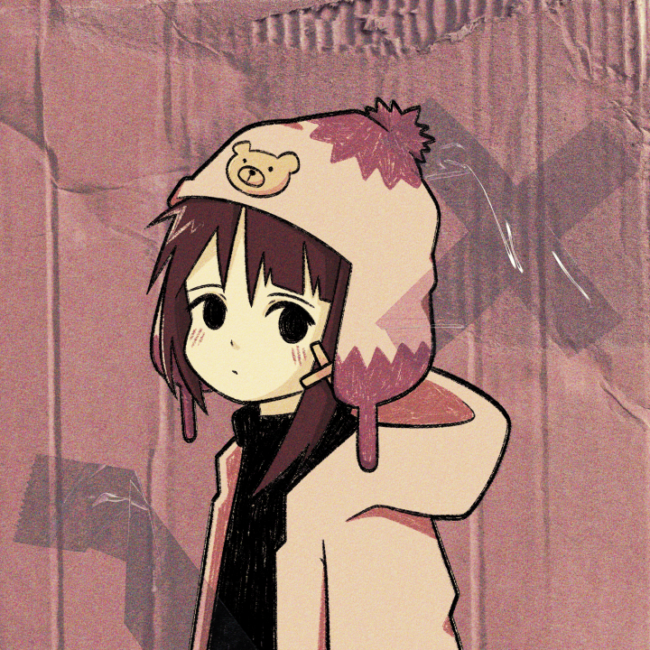 1girl, asymmetrical_hair, black_eyes, black_shirt, brown_hair, cardboard, cryptidhermit, english_commentary