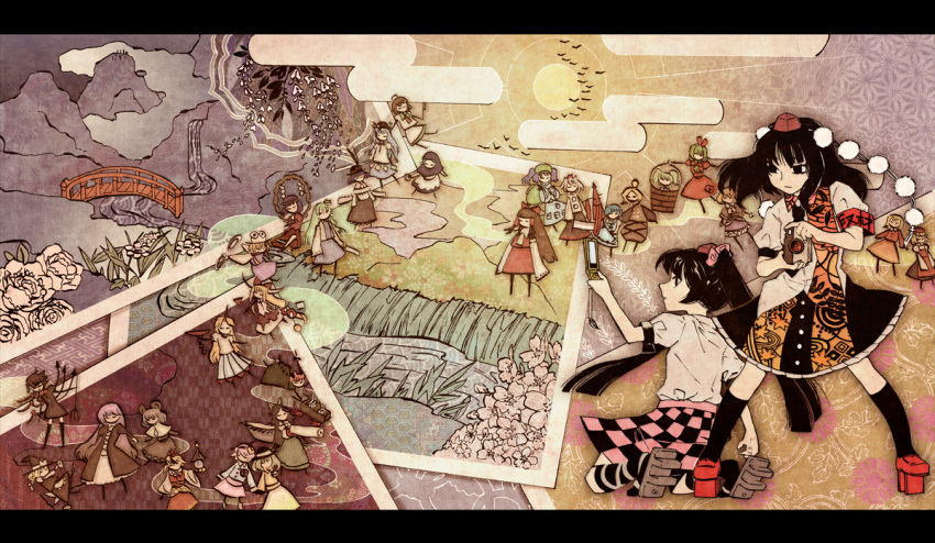 ahoge, aki_minoriko, aki_shizuha, camera, cellphone, double_spoiler, egasumi, everyone