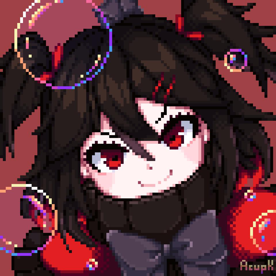 acupkafro, air_bubble, akami_chiyo, amai_direct, black_bow, black_bowtie, black_dress, black_hair, bow, bowtie, bubble, closed_mouth, colored_inner_hair, dress, fins, fish_girl, hair_between_eyes, hair_ornament, hairclip, head_fins, looking_at_viewer, medium_hair, multicolored_hair, pixel_art, red_background, red_dress, red_eyes, redhead, smile, turtleneck_dress, two-tone_hair, two_side_up, v-shaped_eyebrows, virtual_youtuber