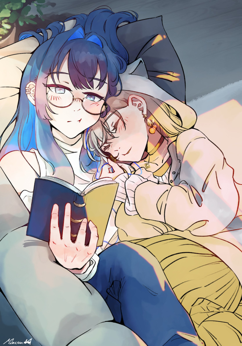 2girls, animal_hood, berry, black_choker, blue_eyes, blue_hair, blunt_bangs, blush