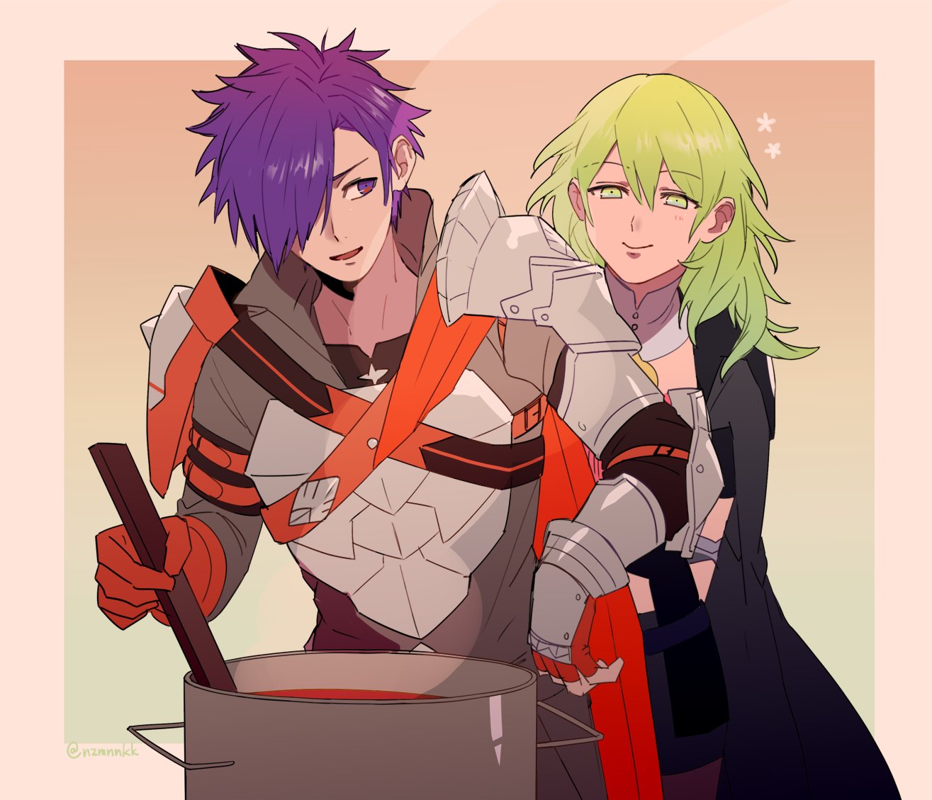 1boy, 1girl, armor, black_cape, breastplate, byleth_(female)_(fire_emblem), byleth_(fire_emblem), cape