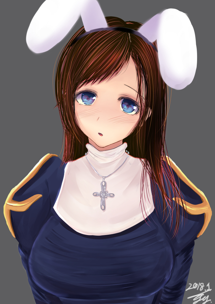 1girl, 2018, :o, animal_ears, black_hairband, blue_eyes, blush, brown_hair