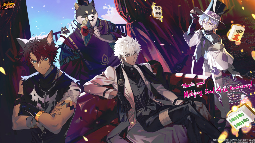 4boys, a-37, absurdres, amanohana, animal_ears, anniversary, arm_tattoo, asymmetrical_gloves