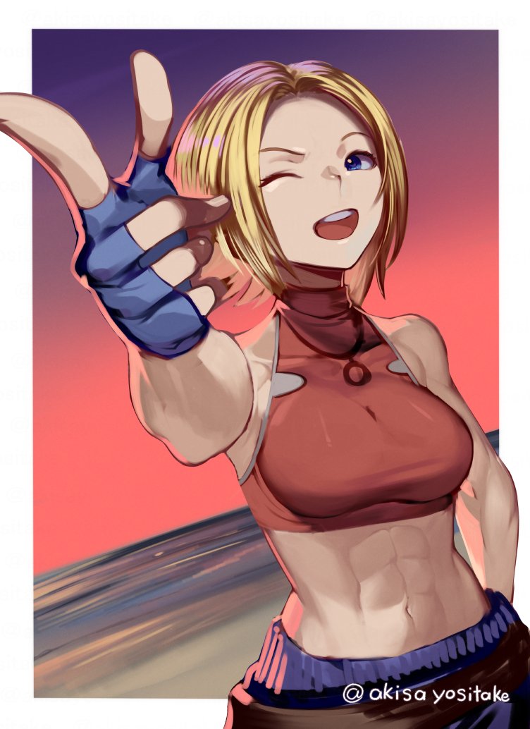 1girl, abs, akisa_yositake, bare_shoulders, blonde_hair, blue_eyes, blue_gloves, blue_mary