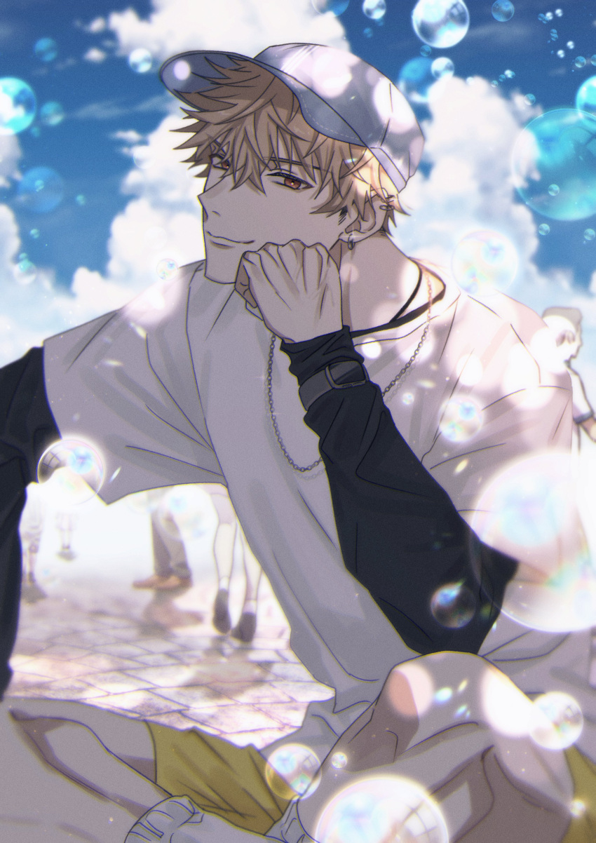 absurdres, blonde_hair, blue_sky, bubble, chain_necklace, clouds, cobblestone, ear_piercing