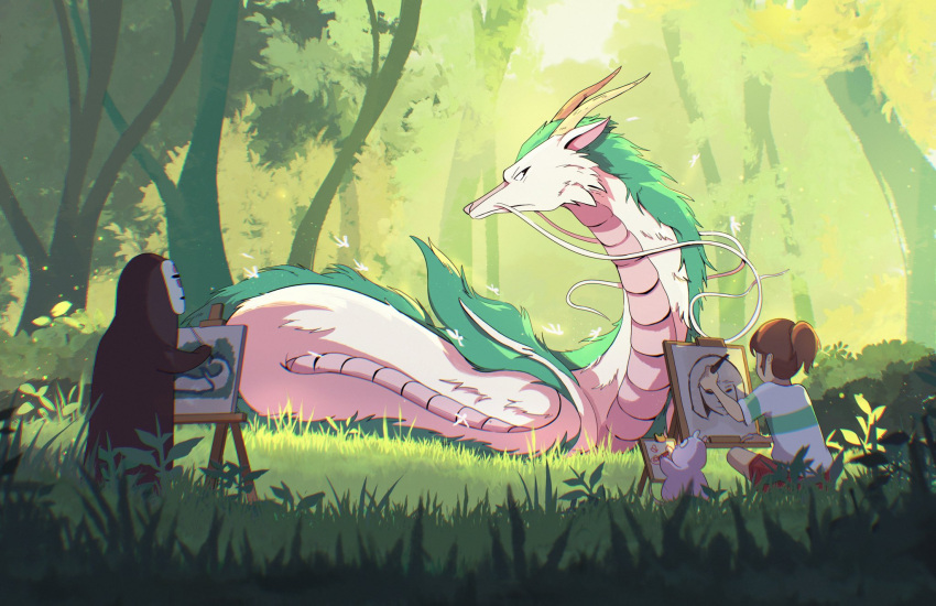 1boy, 1girl, bou_(sen_to_chihiro_no_kamikakushi), brown_hair, dragon, dragon_horns, drawing, eastern_dragon