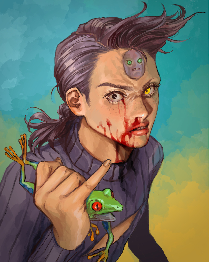 1boy, animal, black_eyes, blood, blood_on_clothes, blood_on_face, epitaph_(jojo), frog