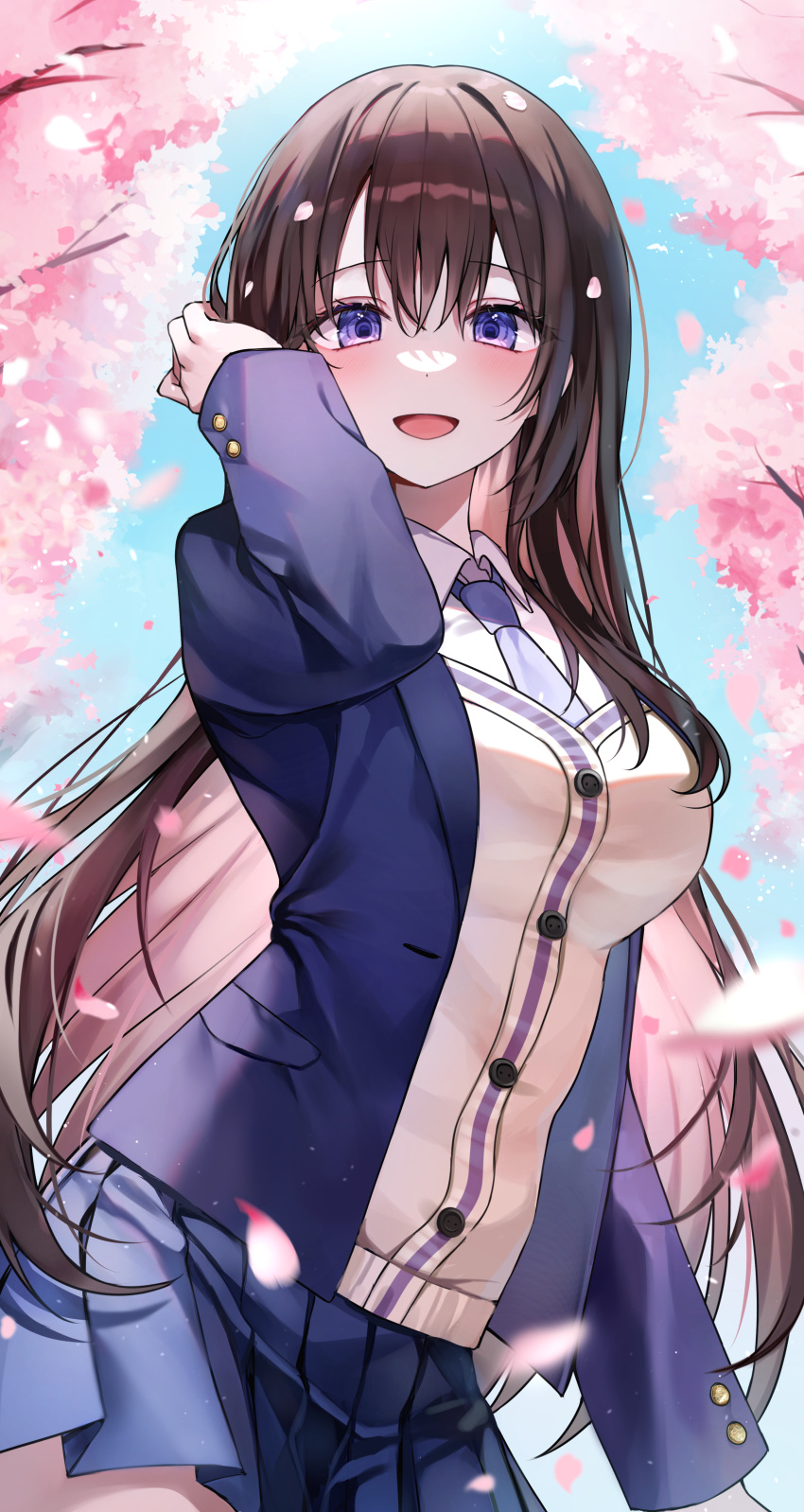1girl, :d, absurdres, blazer, blue_jacket, blue_skirt, blush, brown_hair