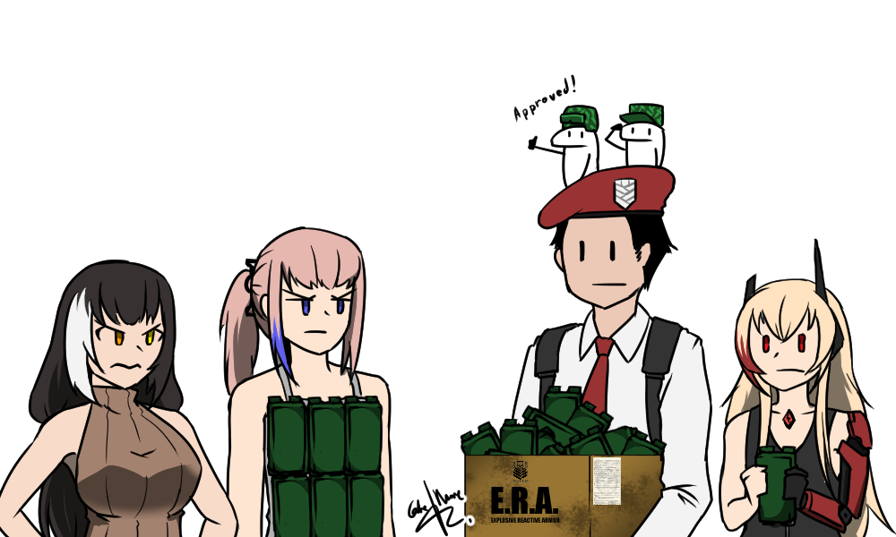 1boy, 3girls, beret, black_hair, blonde_hair, blue_eyes, box, codename-tc, commander_(girls'_frontline), era_bricks_(meme), florkofcows_(style), girls_frontline, hat, heterochromia, long_hair, m4_sopmod_ii_(girls'_frontline), meme, multicolored_hair, multiple_girls, necktie, pink_hair, ponytail, red_eyes, red_necktie, ro635_(girls'_frontline), signature, st_ar-15_(girls'_frontline), streaked_hair, white_hair