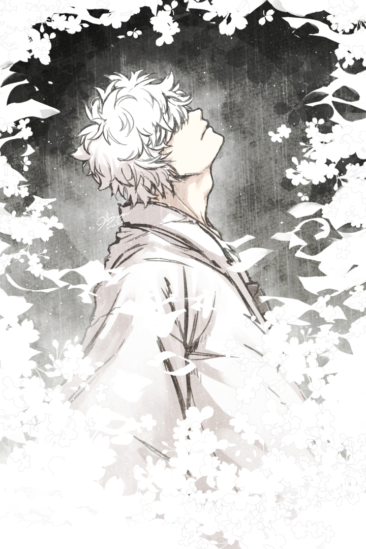 1boy, adam's_apple, aya_shiro423, dated, gintama, grey_background, greyscale, hair_over_eyes