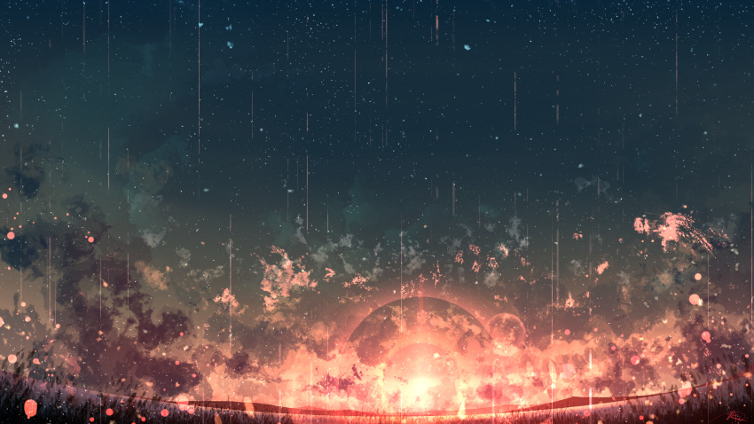 chinese_commentary, clouds, commentary_request, grass, highres, light_particles, night, night_sky