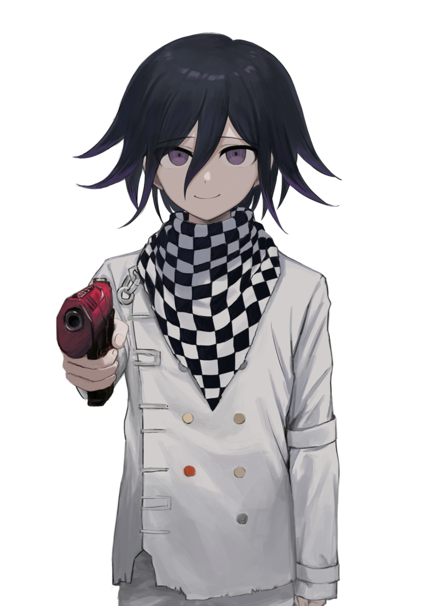 1boy, black_hair, buttons, checkered_clothes, checkered_scarf, closed_mouth, cowboy_shot, danganronpa_(series), danganronpa_v3:_killing_harmony, double-breasted, grey_jacket, grey_pants, gun, handgun, highres, holding, holding_gun, holding_weapon, jacket, lolowv, long_sleeves, multicolored_hair, ouma_kokichi, pants, purple_hair, scarf, simple_background, smile, solo, two-tone_hair, violet_eyes, weapon, white_background