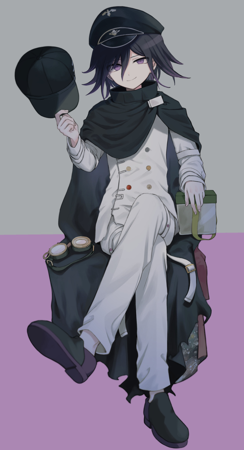 1boy, absurdres, black_cape, black_footwear, black_hair, black_headwear, borrowed_clothes, box