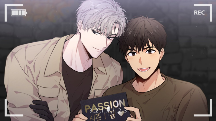 2boys, black_gloves, black_shirt, brick_wall, brown_eyes, brown_hair, brown_shirt, gloves