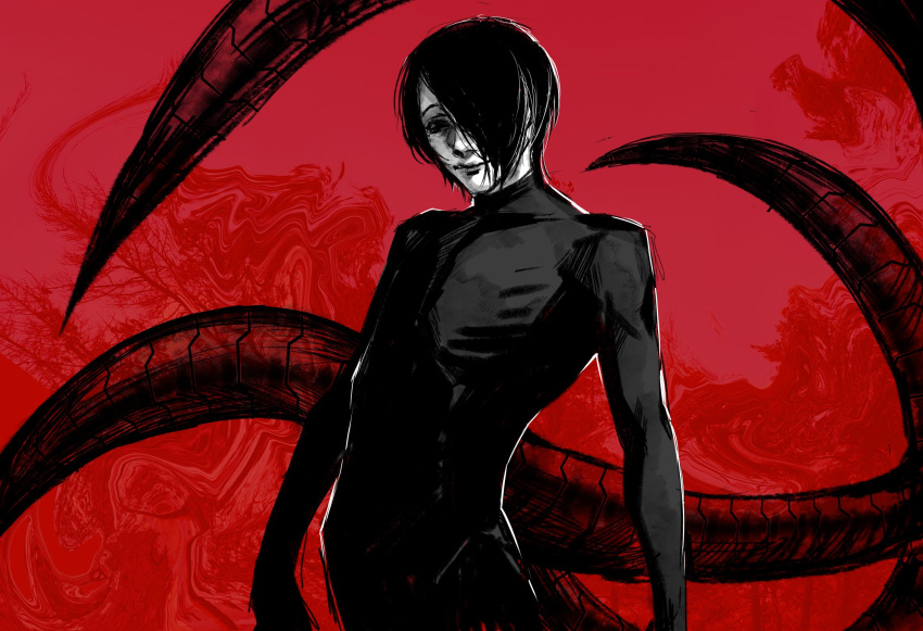 1boy, black_bodysuit, black_hair, bodysuit, closed_mouth, covered_collarbone, cowboy_shot, crurry_(trenos_x), furuta_nimura, hair_over_one_eye, highres, kagune_(tokyo_ghoul), male_focus, pale_skin, red_background, short_hair, solo, tokyo_ghoul, tokyo_ghoul:re