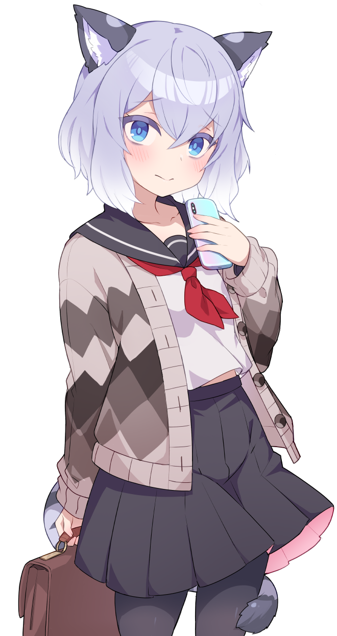 1girl, animal_ear_fluff, animal_ears, argyle_cardigan, bag, black_pantyhose, black_sailor_collar, black_skirt, blue_eyes, blue_hair, cardigan, cat_ears, cat_girl, cat_tail, cellphone, closed_mouth, gradient_hair, grey_cardigan, highres, light_blue_hair, long_sleeves, multicolored_hair, open_cardigan, open_clothes, original, pantyhose, phone, pleated_skirt, sailor_collar, sailor_shirt, school_bag, school_briefcase, school_uniform, shirt, short_hair, simple_background, skirt, smartphone, tail, ug_(nekonekodou), white_background, white_hair, white_shirt