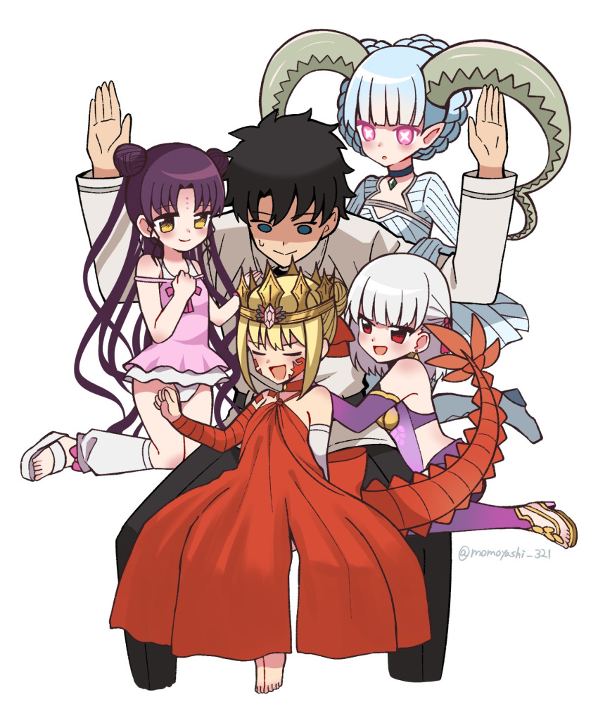 1boy, 4girls, chaldea_uniform, fate/grand_order, fate_(series), fujimaru_ritsuka_(male), highres, kama_(fate)
