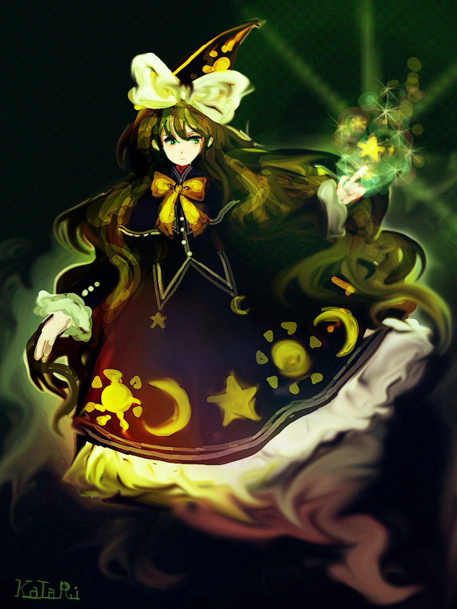 green_eyes, green_hair, hat, highres, katari, long_hair, mima, solo