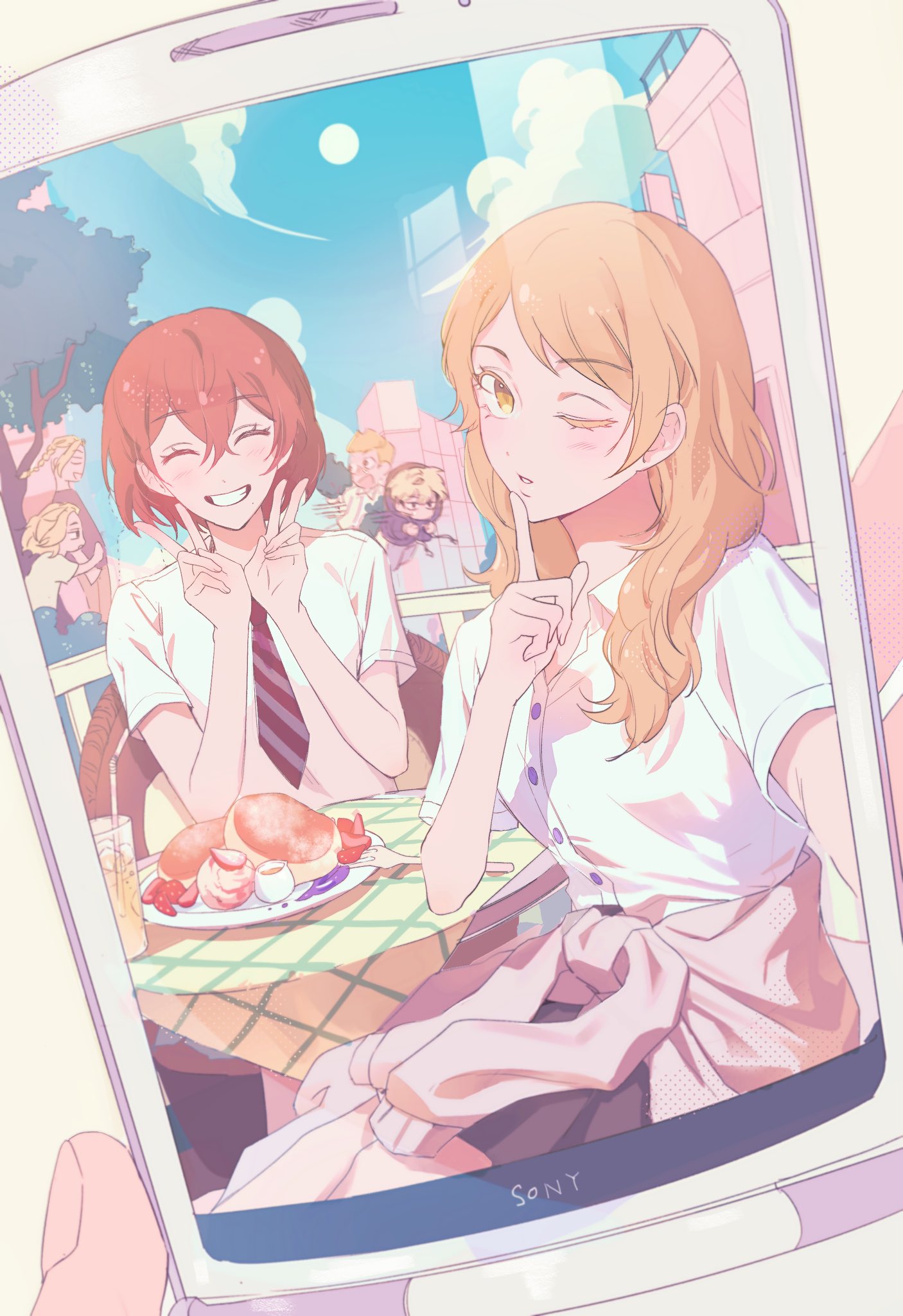 2girls, 4boys, ^_^, black_skirt, blonde_hair, cellphone_picture, closed_eyes, clothes_around_waist