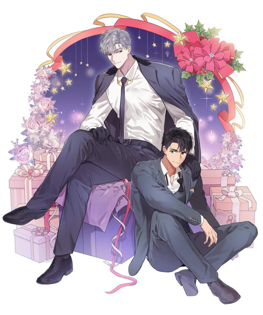 2boys, arm_on_knee, black_footwear, black_necktie, box, brown_eyes, brown_hair, christmas