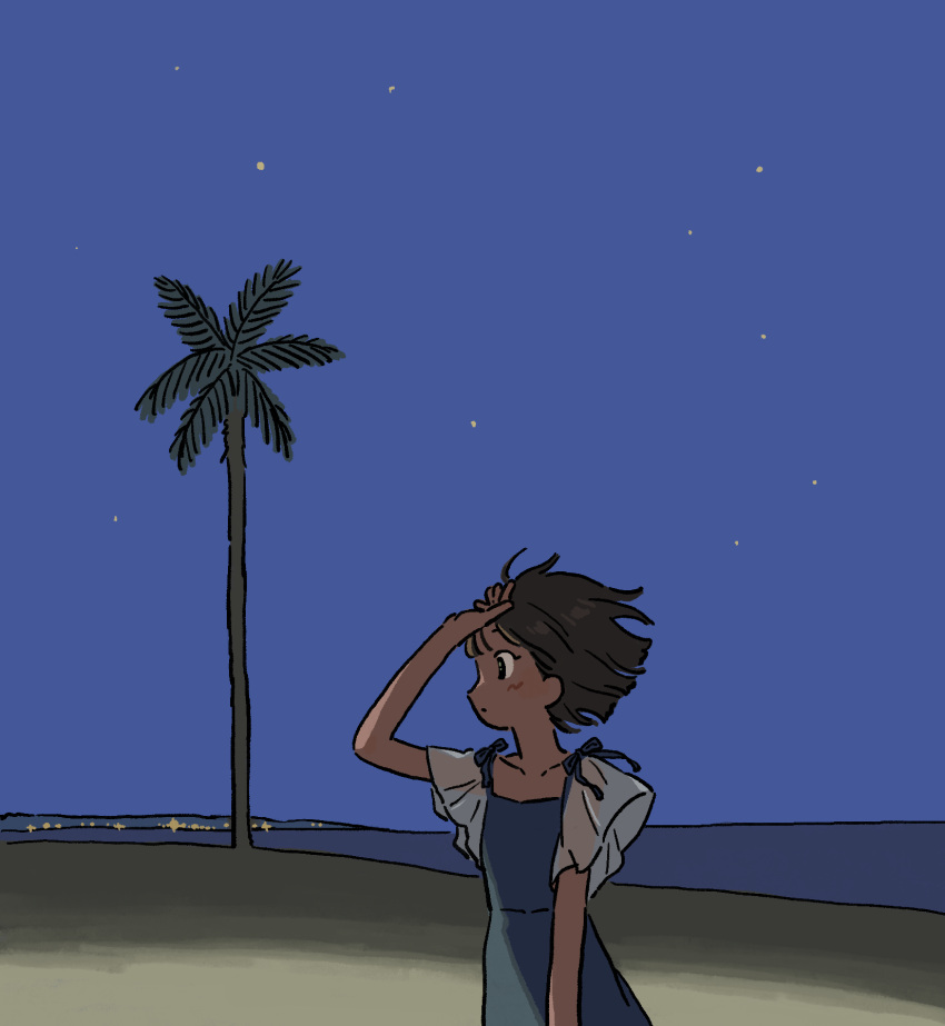 1girl, arm_up, backlighting, beach, black_eyes, black_hair, blue_dress, blunt_bangs