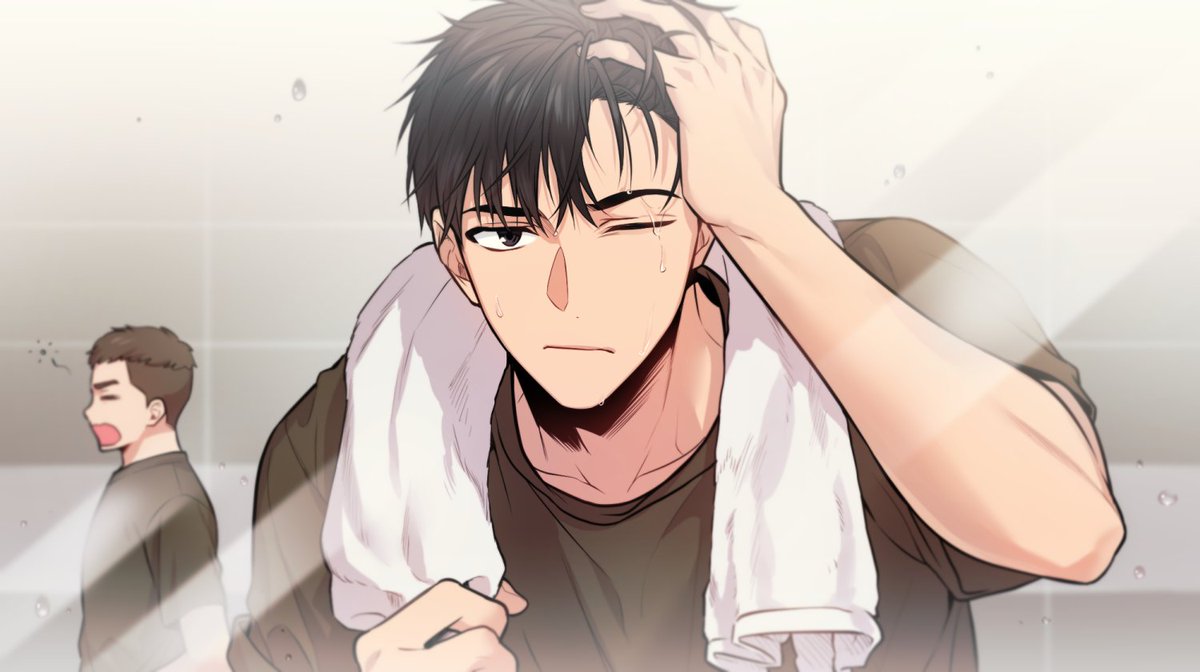 brown_eyes, brown_hair, brown_shirt, expressionless, hands_in_hair, jeong_taeui, kangjak, looking_at_mirror