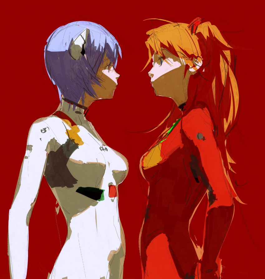 2girls, arms_at_sides, ayanami_rei, blue_eyes, blue_hair, bodysuit, breasts, facing_another
