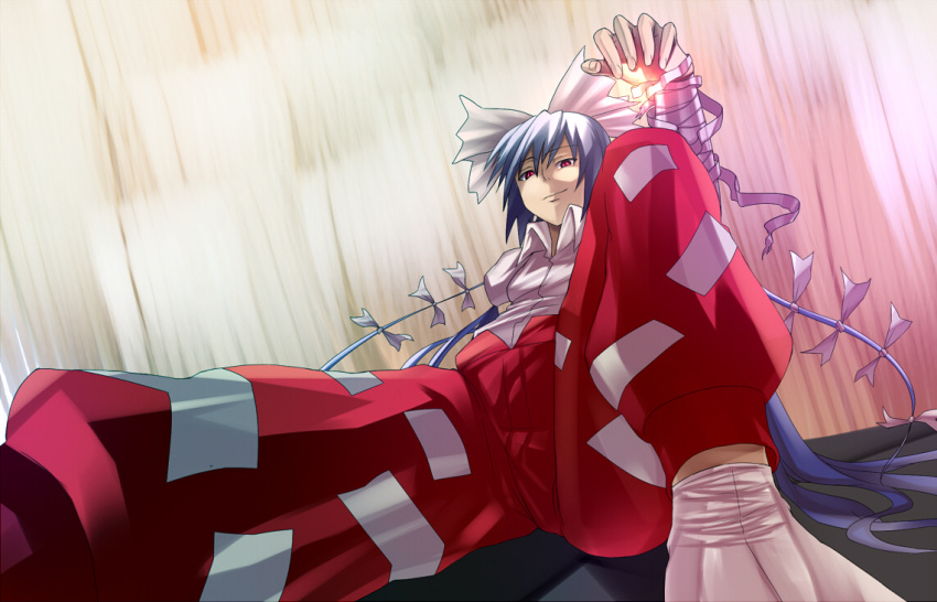 bandages, from_below, fujiwara_no_mokou, glowing, lostman000, pants, sitting, smile