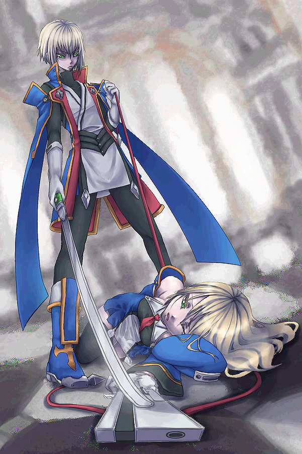 blazblue, blonde_hair, cape, formal, green_eyes, gun, hiyohiyo_(naga), jin_kisaragi, lamia, long_hair, lying, noel_vermillion, short_hair, sword, thigh-highs, thighhighs, weapon, zettai_ryouiki