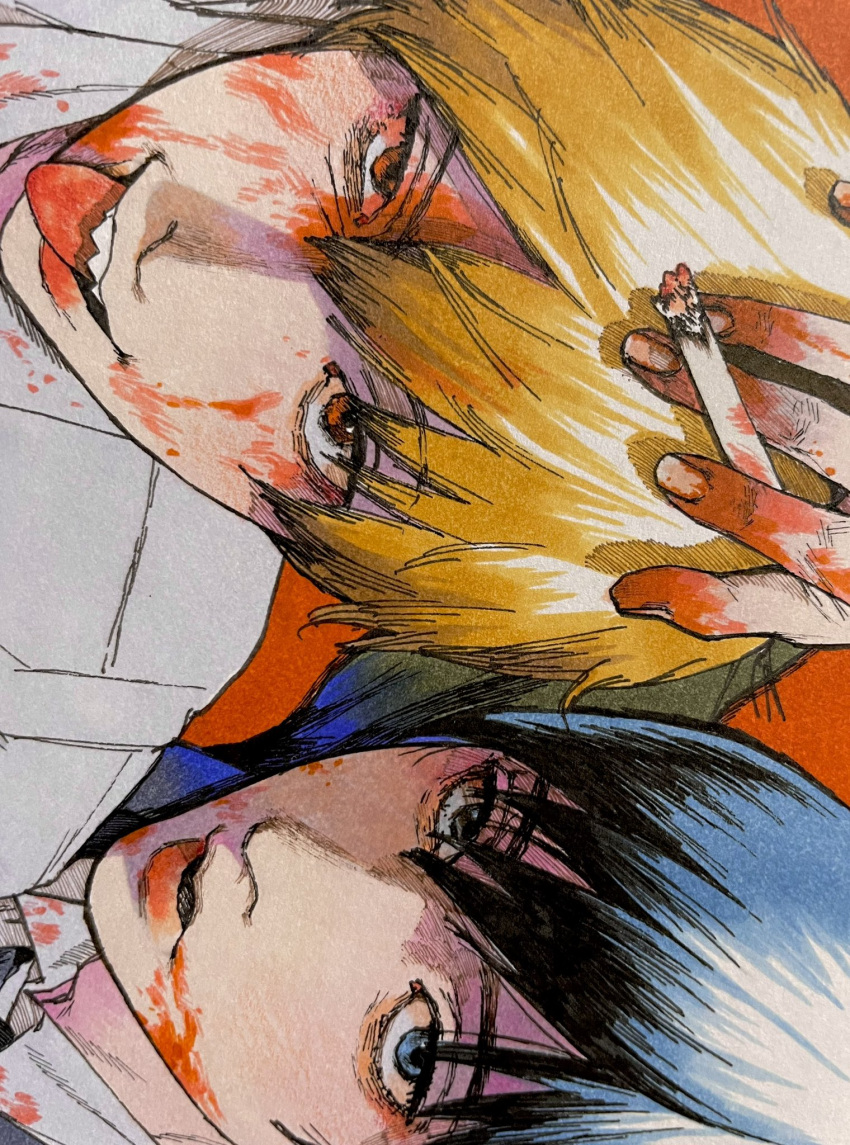 2boys, :p, black_hair, blonde_hair, blood, blood_on_clothes, blood_on_face, blue_eyes, chainsaw_man, chom1015, cigarette, collared_shirt, denji_(chainsaw_man), fingernails, formal, hair_between_eyes, hand_on_another's_head, hayakawa_aki, highres, holding, holding_cigarette, male_focus, multiple_boys, parted_lips, portrait, red_background, sharp_teeth, shirt, short_hair, simple_background, smirk, suit, teeth, tongue, tongue_out, traditional_media, white_shirt
