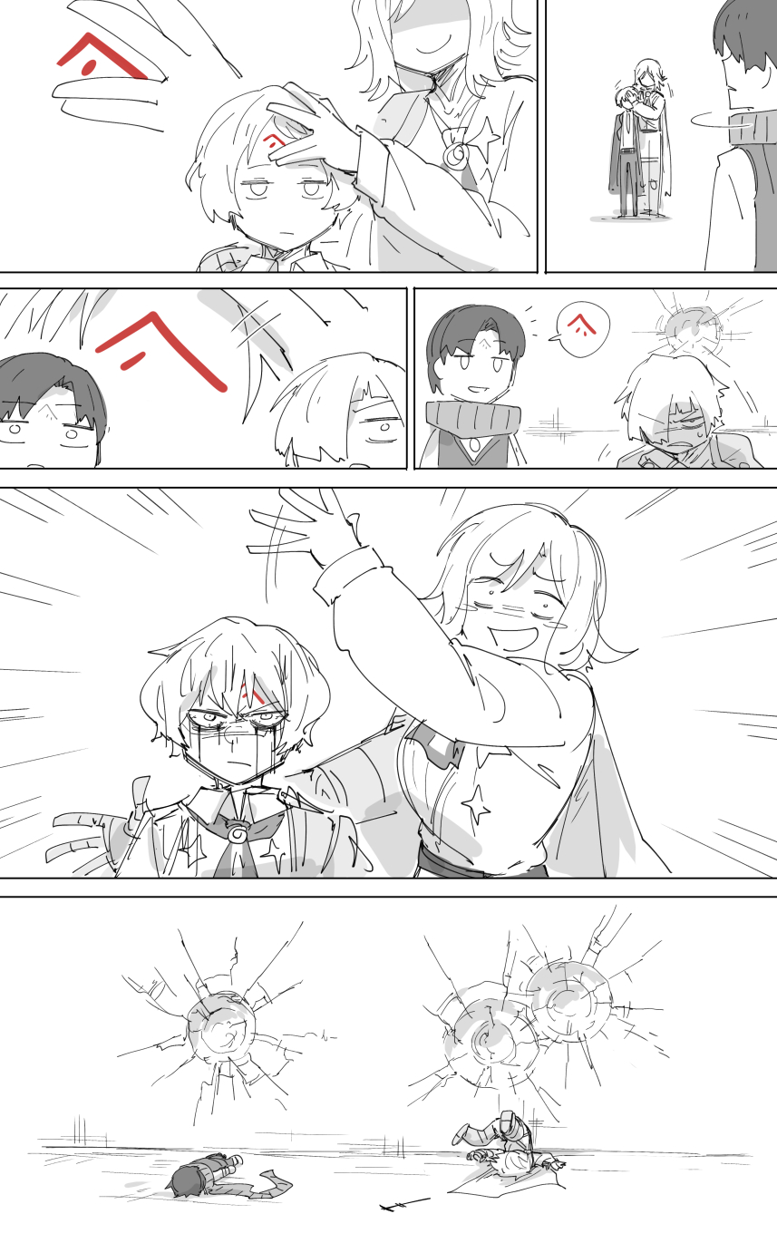 2boys, 2girls, crater, demian_(limbus_company), faust_(limbus_company), formal, highres, kankan33333, kromer_(limbus_company), limbus_company, multiple_boys, multiple_girls, nail, necktie, project_moon, scarf, sinclair_(limbus_company), suit