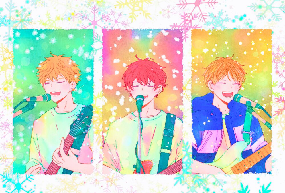 3boys, bibibimix39, blonde_hair, given, guitar, holding, holding_instrument, instrument