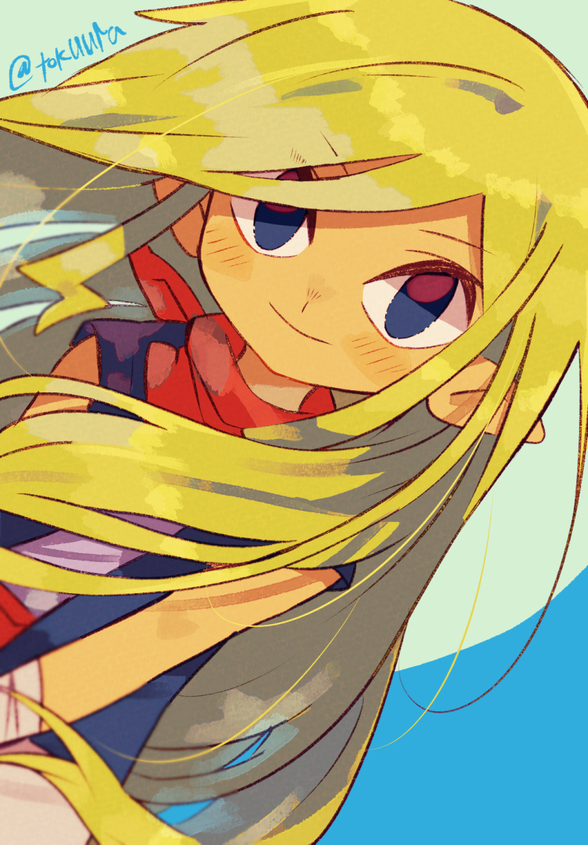 1girl, artist_name, bandaged_arm, bandages, bandana, blonde_hair, blue_background, blue_eyes