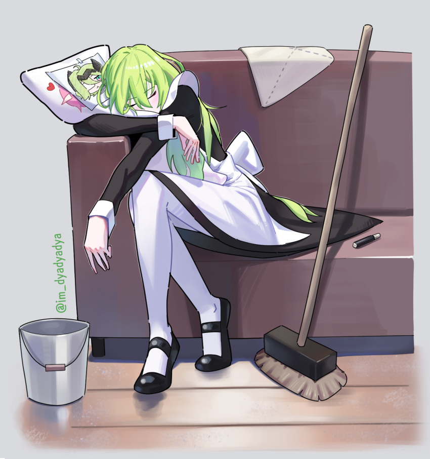 1girl, apron, black_dress, black_footwear, broom, bucket, closed_eyes, commentary