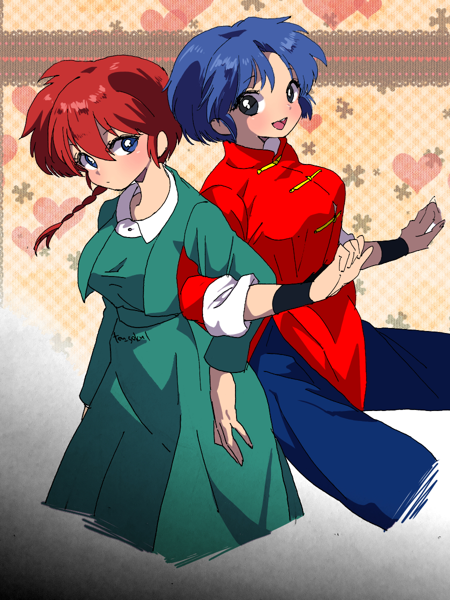 2girls, blue_hair, blush, breasts, cosplay, costume_switch, couple, fuurinkan_high_school_uniform