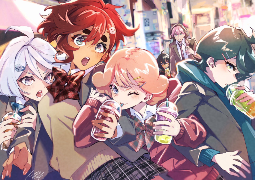 1boy, 5girls, alternate_universe, black_hair, bow, bowtie, cup, dark-skinned_female