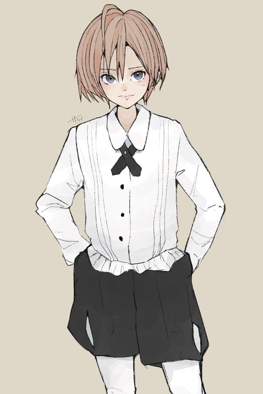 1girl, ahoge, artist_name, awatsu_mai, black_shorts, brown_background, brown_hair, buttons