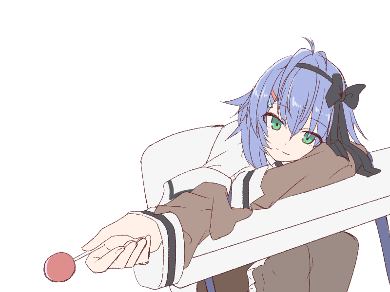 1girl, ahoge, arms_on_table, assault_lily, black_bow, black_hairband, blue_hair, bow, brown_jacket, brown_pantyhose, brown_skirt, candy, chair, closed_mouth, collared_shirt, dutch_angle, feet_out_of_frame, food, frilled_skirt, frills, green_eyes, gumoyu, hair_between_eyes, hair_bow, hair_ornament, hairband, hairclip, head_on_arm, head_rest, higashikuze_tokuko, holding, holding_candy, holding_food, holding_lollipop, incoming_food, jacket, light_smile, lollipop, long_sleeves, looking_at_viewer, medium_hair, off_shoulder, outstretched_arm, pantyhose, reaching_towards_viewer, school_uniform, shirt, simple_background, sitting, sketch, skirt, solo, table, white_background, white_shirt