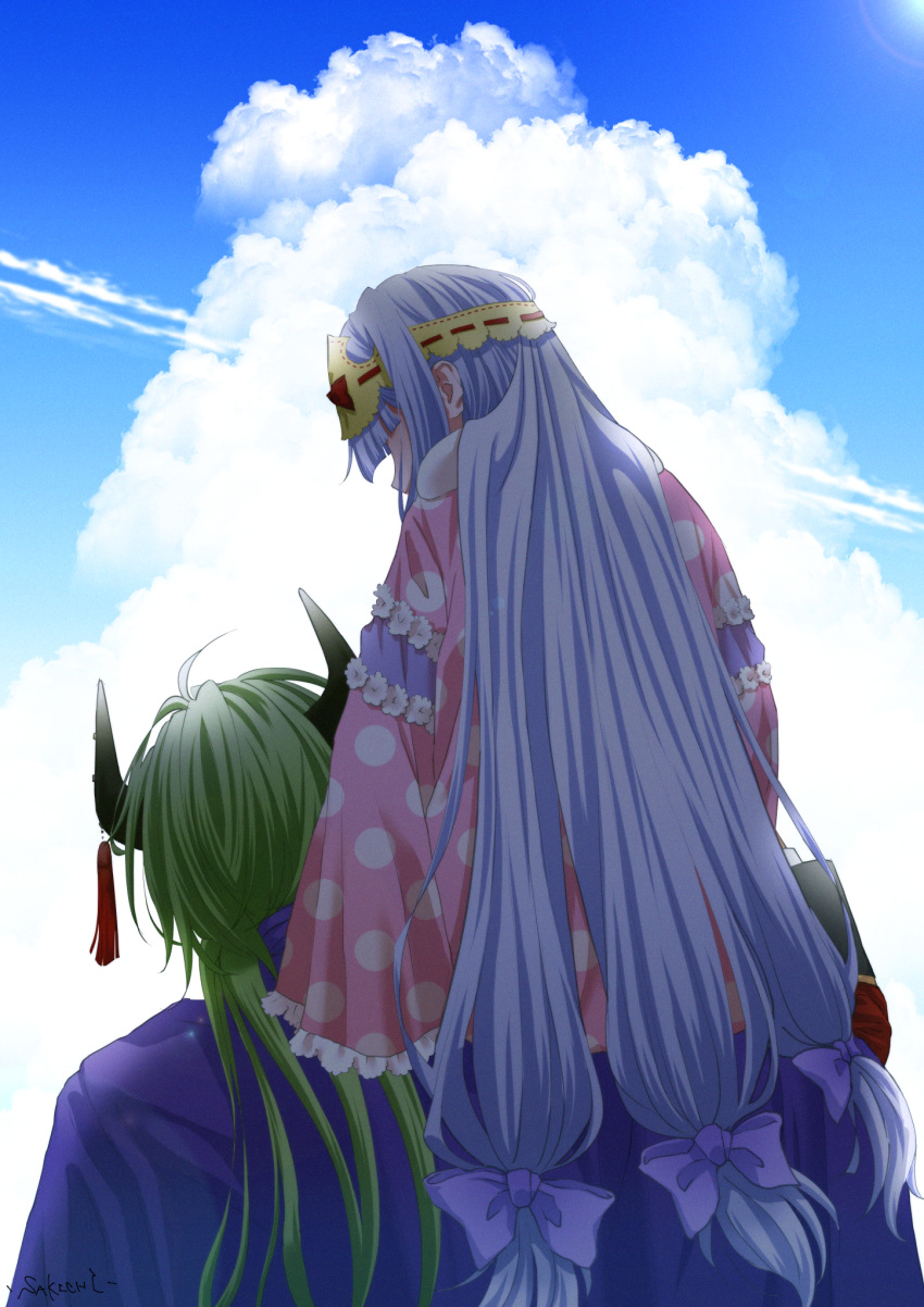 1boy, 1girl, artist_name, aurora_sya_lis_kaymin, black_horns, clouds, contrail, day