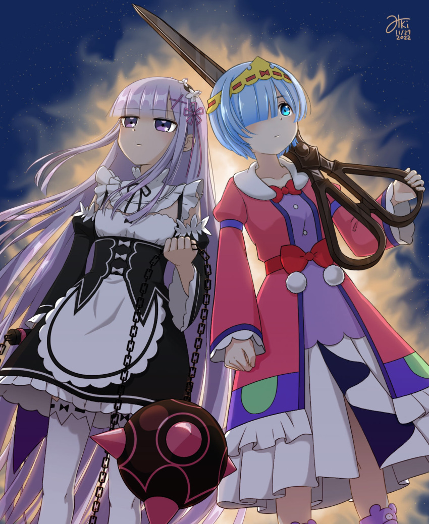 2girls, aurora_sya_lis_kaymin, aurora_sya_lis_kaymin_(cosplay), ball_and_chain_(weapon), blue_eyes, blue_hair, bow, breasts, cosplay, costume_switch, dated, detached_sleeves, grey_hair, hair_ornament, hair_over_one_eye, headband, highres, holding, holding_scissors, long_sleeves, maid, maou-jou_de_oyasumi, miki_(pixiv67730468), minase_inori, multiple_girls, outdoors, pantyhose, re:zero_kara_hajimeru_isekai_seikatsu, red_bow, rem_(re:zero), rem_(re:zero)_(cosplay), scissors, small_breasts, standing, violet_eyes, voice_actor_connection, white_pantyhose, x_hair_ornament, yellow_headband