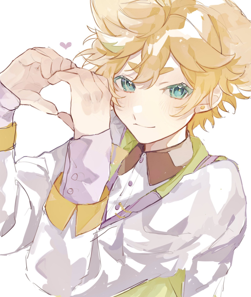 1boy, aqua_eyes, blonde_hair, closed_mouth, collared_shirt, daifugo_happy, earrings, ensemble_stars!, green_hair, harukawa_sora, heart, heart_hands, highres, jacket, jewelry, long_sleeves, looking_at_viewer, male_focus, multicolored_hair, shirt, short_hair, solo, white_background, white_jacket, white_shirt