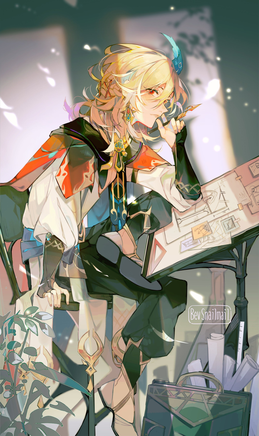 1boy, absurdres, artist_name, bevsnailmail, black_pants, blonde_hair, brown_hair, closed_mouth, drawing, facing_to_the_side, feather_hair_ornament, feathers, genshin_impact, hair_ornament, hairpin, highres, holding, holding_pen, kaveh_(genshin_impact), long_sleeves, looking_at_viewer, male_focus, medium_hair, pants, pen, red_eyes, shirt, solo, table, white_shirt