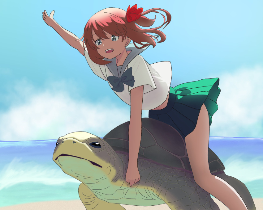 1girl, alternate_costume, beach, blue_bow, blue_sailor_collar, bow, brown_hair, clouds