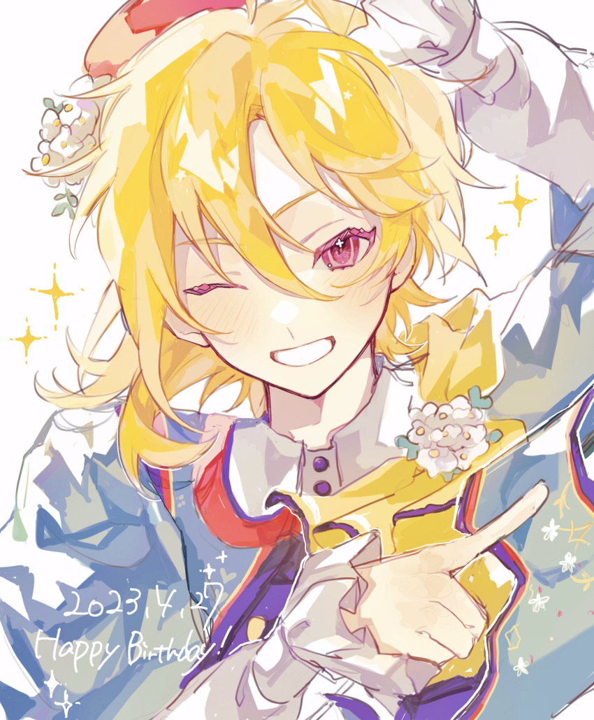 1boy, 2023, androgynous, blonde_hair, blue_jacket, blush, collared_shirt, daifugo_happy