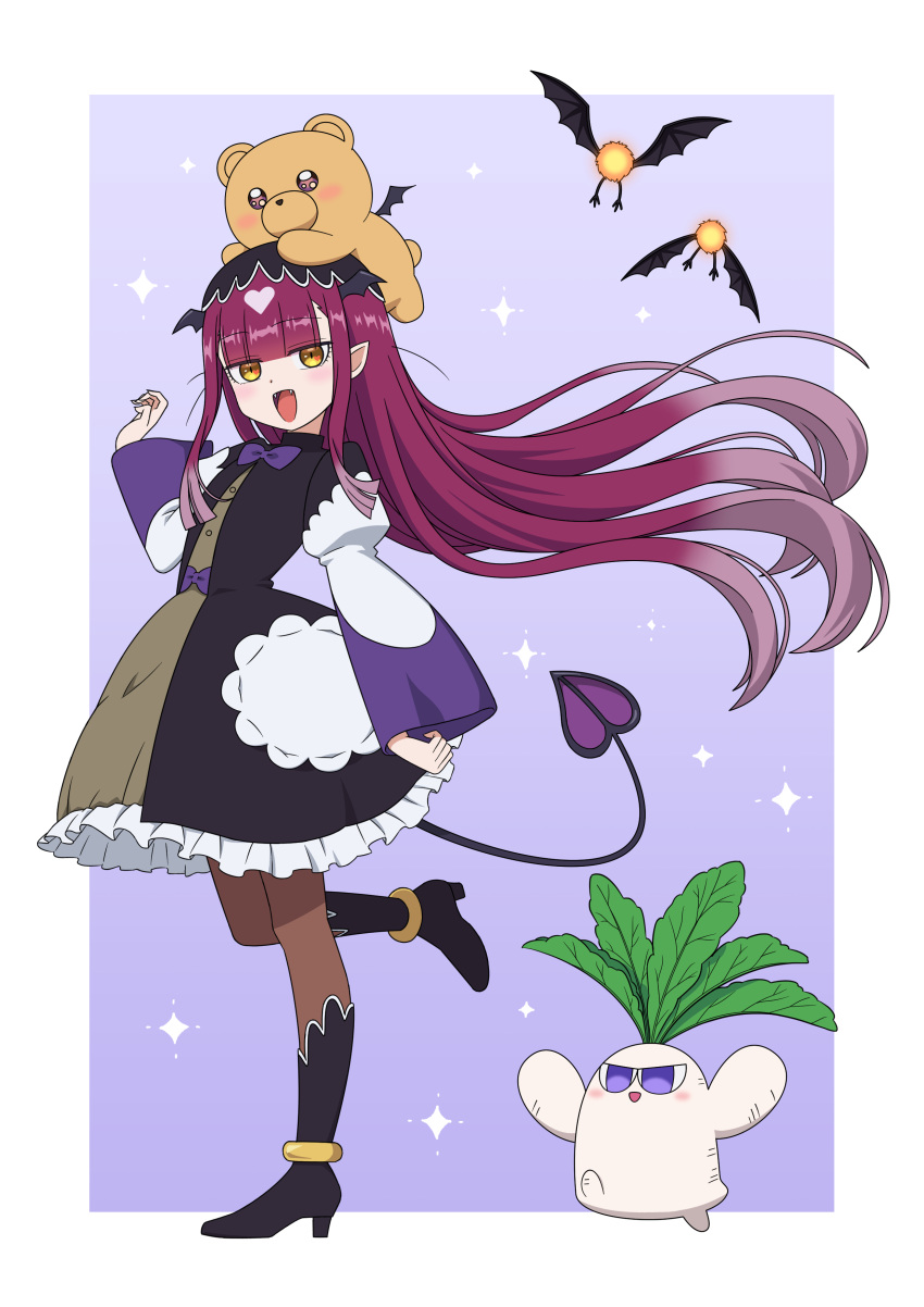 1girl, :d, absurdres, animal_on_head, bat_wings, black_footwear, bow, brown_pantyhose